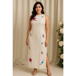 Anne Alexander Linen Blend Floral Embroidered Maxi Dress‎ Size 14 Vintage